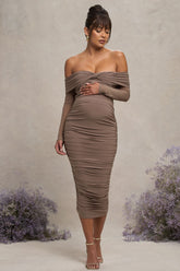 Mocha Bardot Twist Maternity Midi Dress